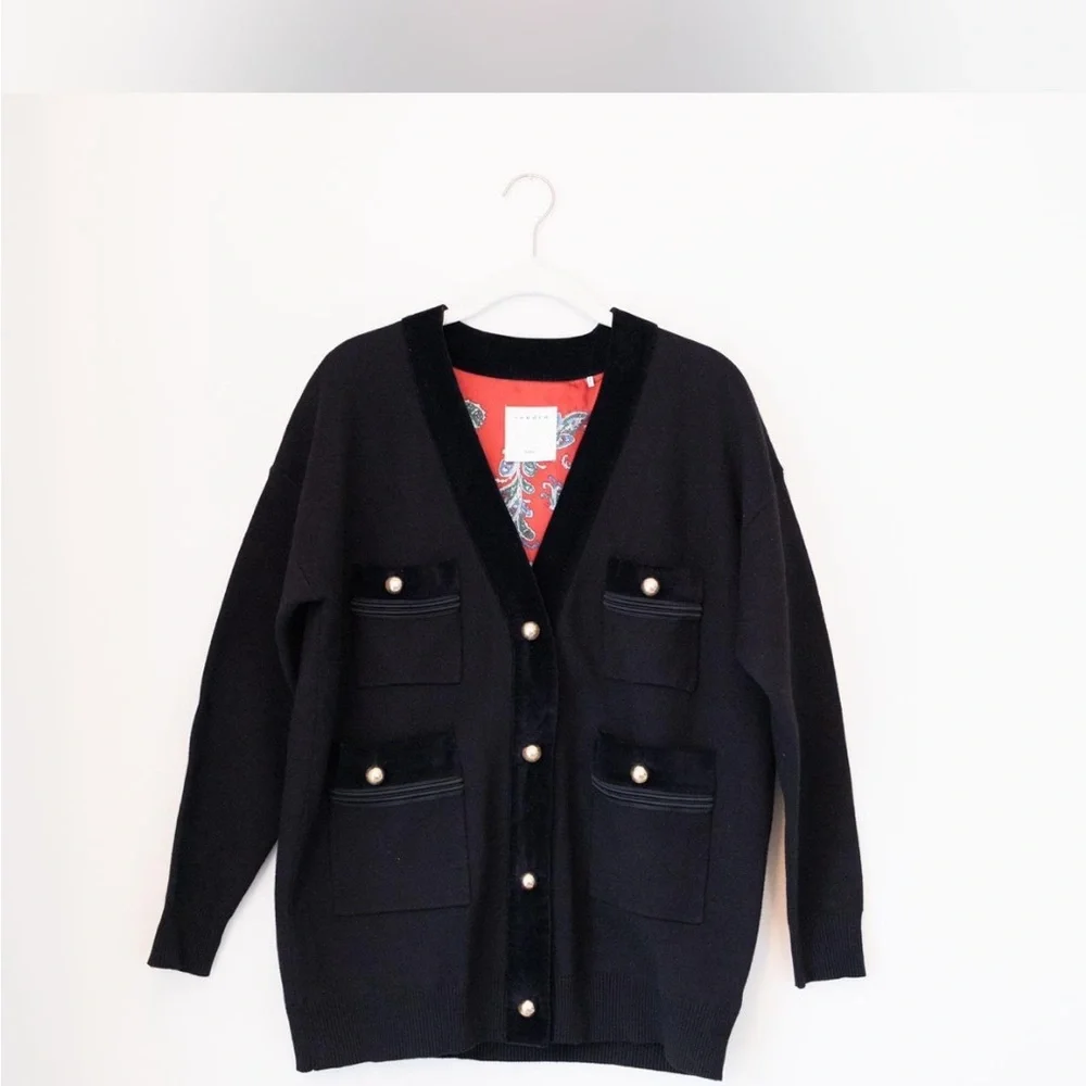 Sandro velvet trim Cardigan with gold buttons S EUC - Picture 2 of 8